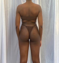 Load image into Gallery viewer, the back of the Back Browning Tie Bikini on a women showing the Brazilian cut thong.