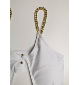 Close up of Holly Metal Chain One Piece swimsuit